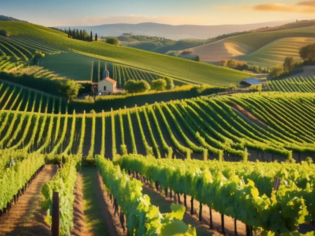 Viñedo orgánico bañado en luz dorada Vinos orgánicos como inversión: Imagen impresionante de viñedo bañado en sol, con uvas orgánicas y bodega moderna