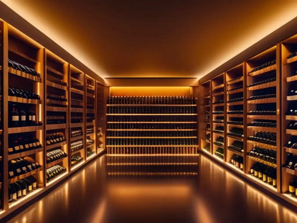 Lujosa bodega de vinos orgánicos Vinos orgánicos como inversión: bodega de lujo con selección de botellas meticulosamente organizadas en cálida luz dorada