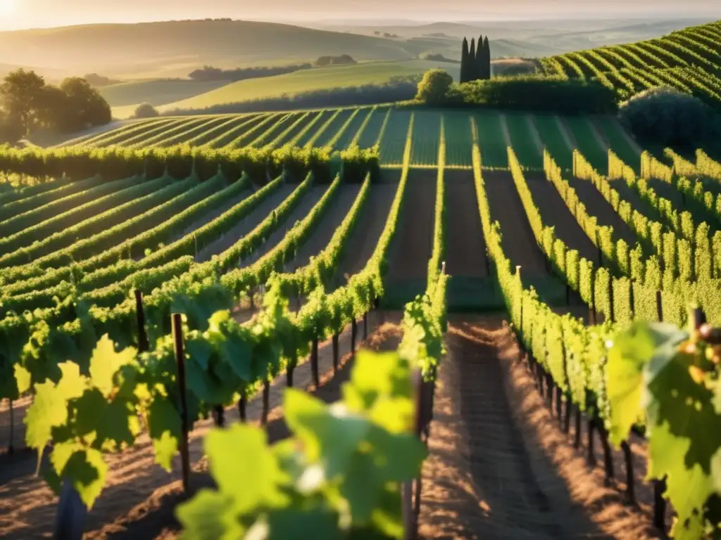 Hermoso viñedo orgánico bañado en luz solar Vinos orgánicos como inversión: hermoso paisaje en viñedo con viñedos verdes y cuidadosamente cultivados, bajo el sol