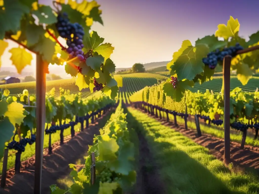 Viñedo orgánico bañado en luz dorada Vinos orgánicos como inversión: viñedo dorado, uvas jugosas, bodegas modernas