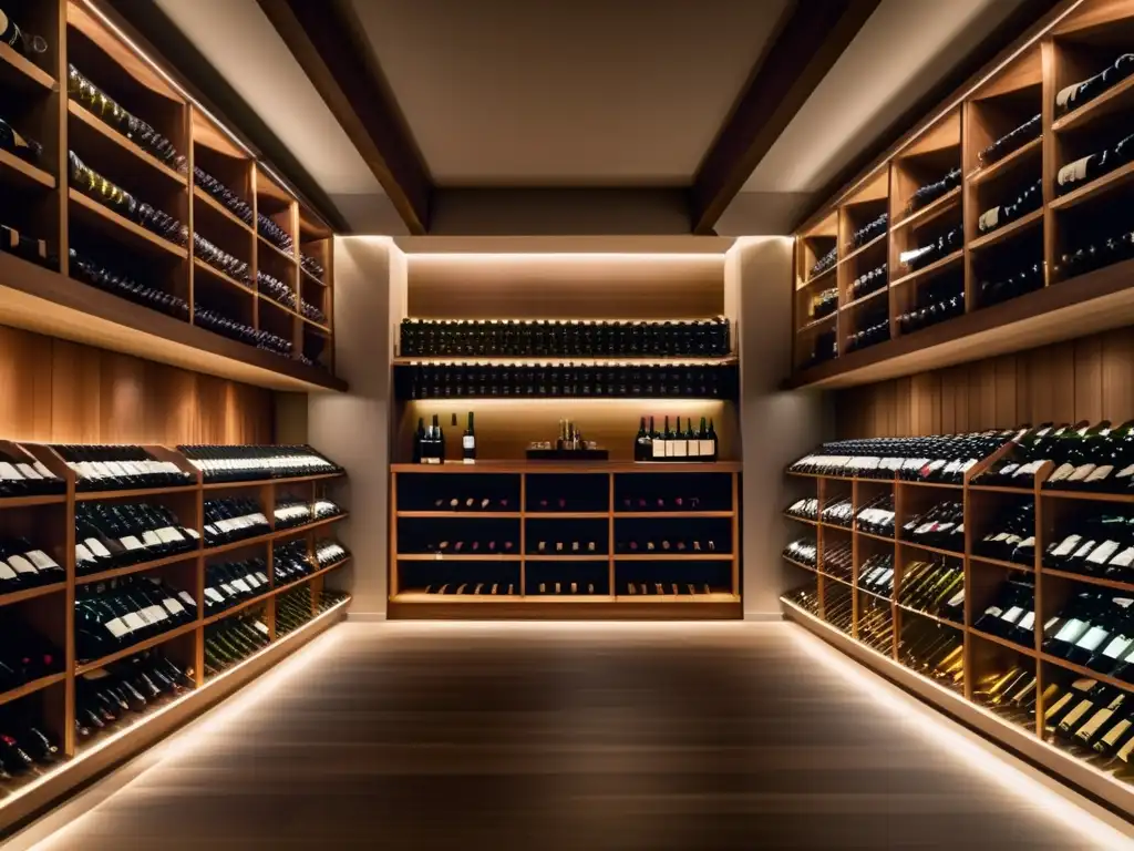 Bodega de vinos elegante y moderna Vinos con potencial de plusvalía, bodega elegante con botellas organizadas y etiquetas claras