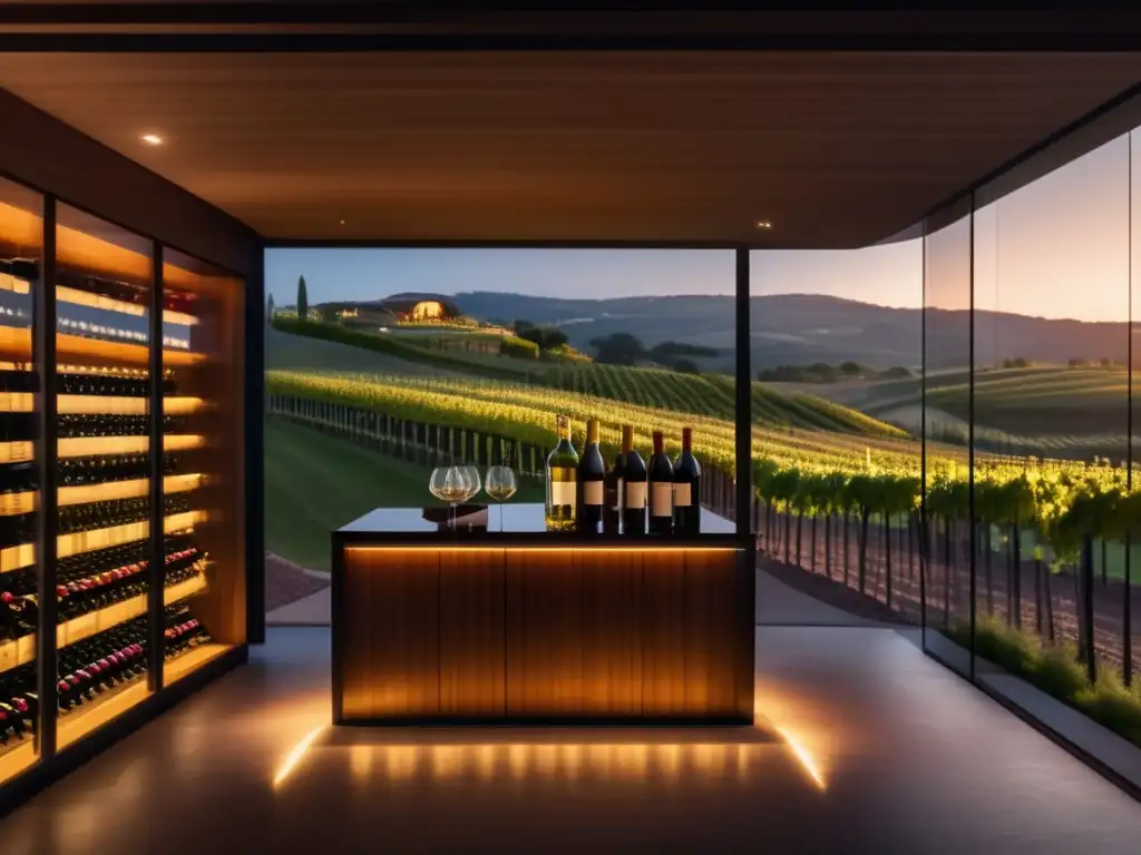 Vinoteca moderna con vista panorámica a viñedo y botellas organizadas Wine cellar: vinos con potencial de plusvalía, elegancia y detalles exquisitos
