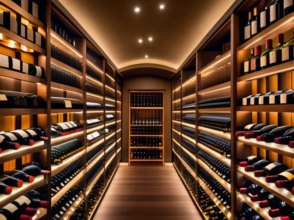 Lujosa bodega de vinos con variedad exclusiva Vinos con potencial de plusvalía en una lujosa bodega con filas de botellas meticulosamente ordenadas, destacando su origen y añada