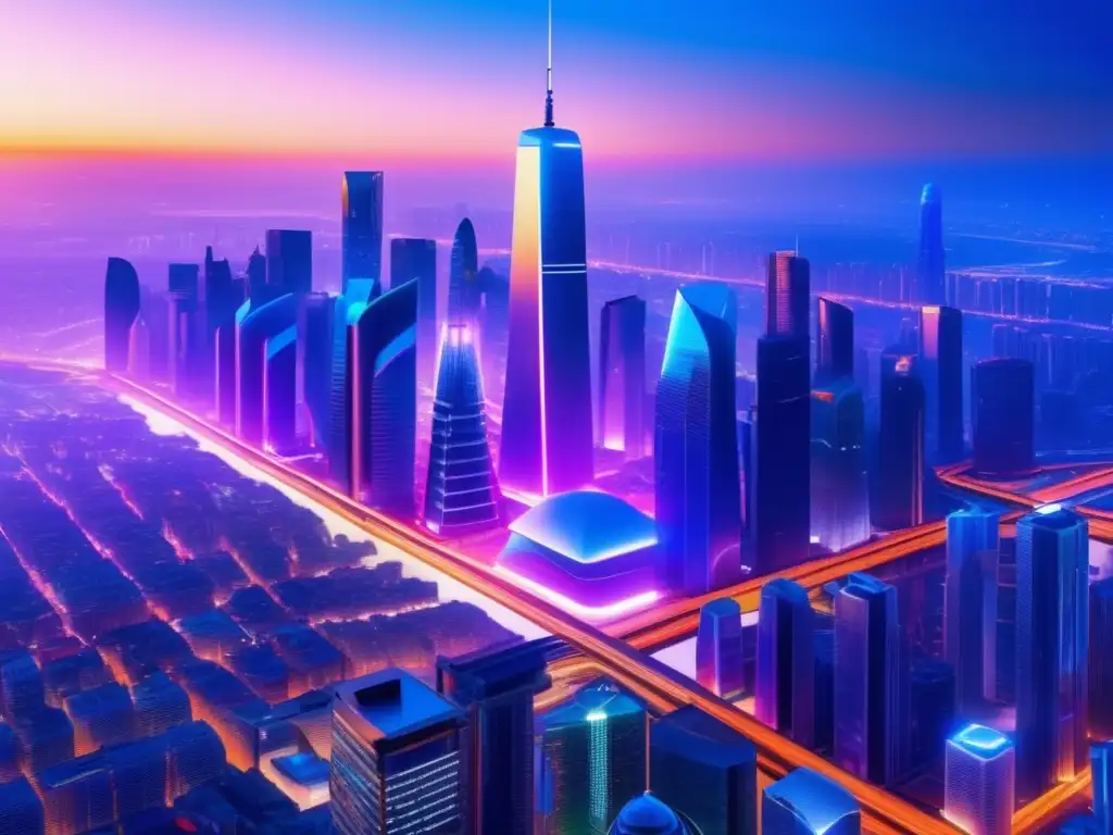 Ciudad futurista iluminada con luces LED Una visión futurista de una ciudad con rascacielos, arquitectura vanguardista y tecnología avanzada