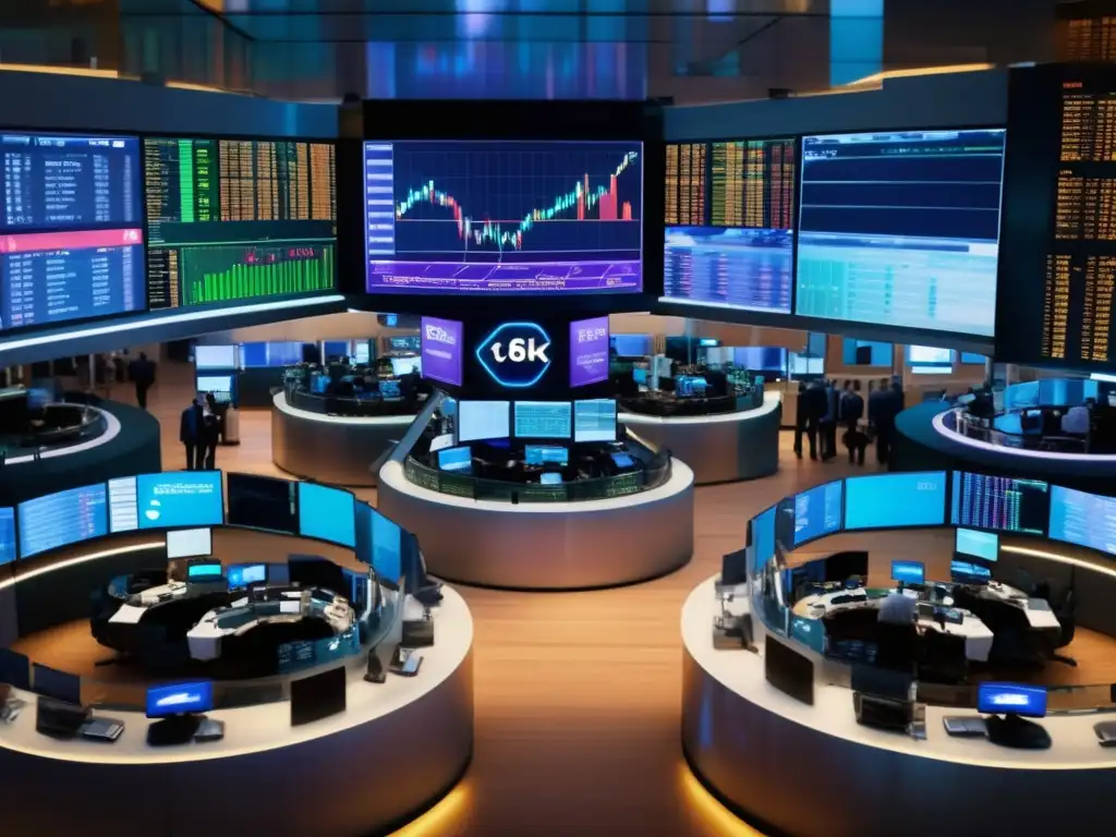 Piso de bolsa lleno de traders en acción Vista aérea de una bulliciosa bolsa de valores con traders en trajes de negocios, pantallas mostrando datos financieros y discusiones intensas