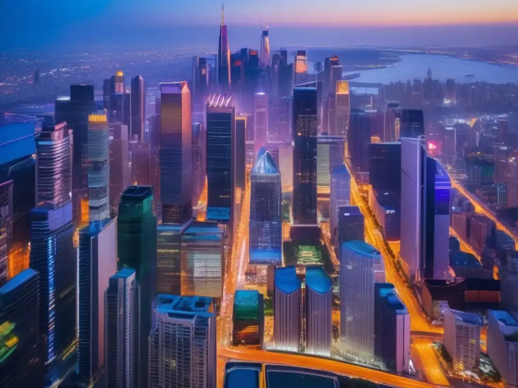 Vista aérea nocturna de ciudad vibrante Vista aérea impactante de una ciudad vibrante al atardecer, con rascacielos modernos iluminados por colores vibrantes
