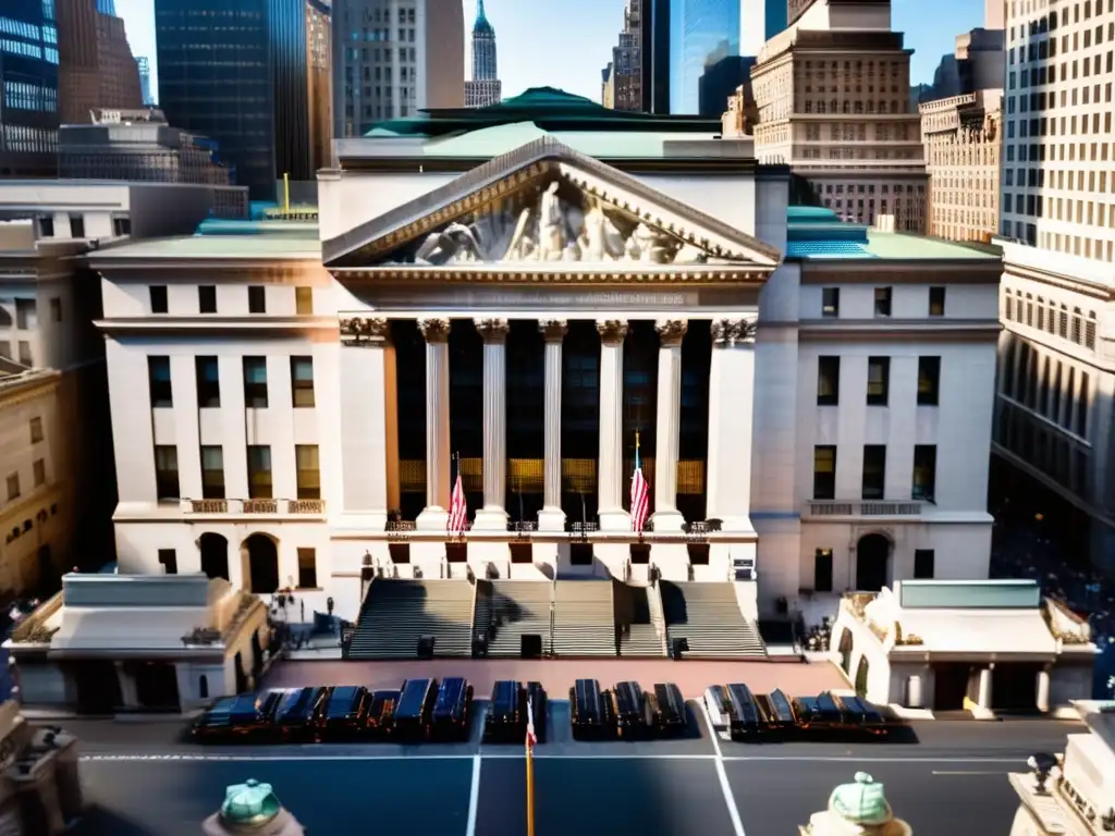 Vista aérea impresionante de NYSE en Wall Street Vista aérea impresionante de la Bolsa de Valores de Nueva York (NYSE) en Wall Street