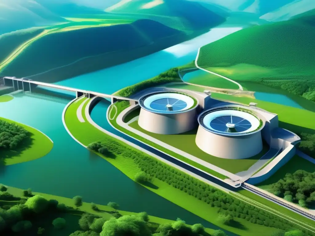 Vista aérea impresionante de una planta hidroeléctrica majestuosa Vista aérea impresionante de una central hidroeléctrica moderna, rodeada de exuberante paisaje verde y río caudaloso