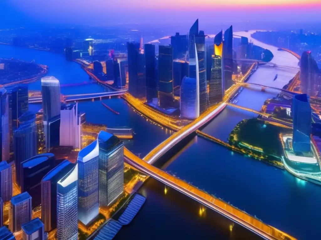 Ciudad moderna iluminada de noche Vista aérea impresionante de una ciudad vibrante al atardecer
