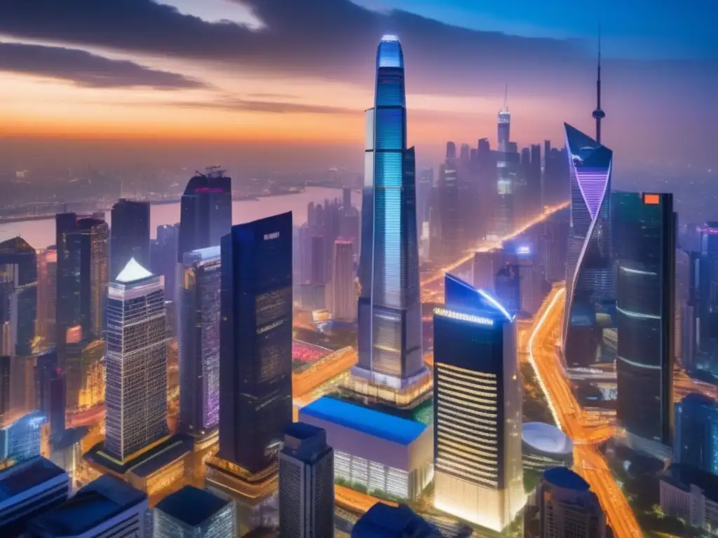 Metrópolis emergente: luces, negocios y diversidad Vista aérea de una vibrante ciudad al anochecer, con rascacielos iluminados y personas discutiendo
