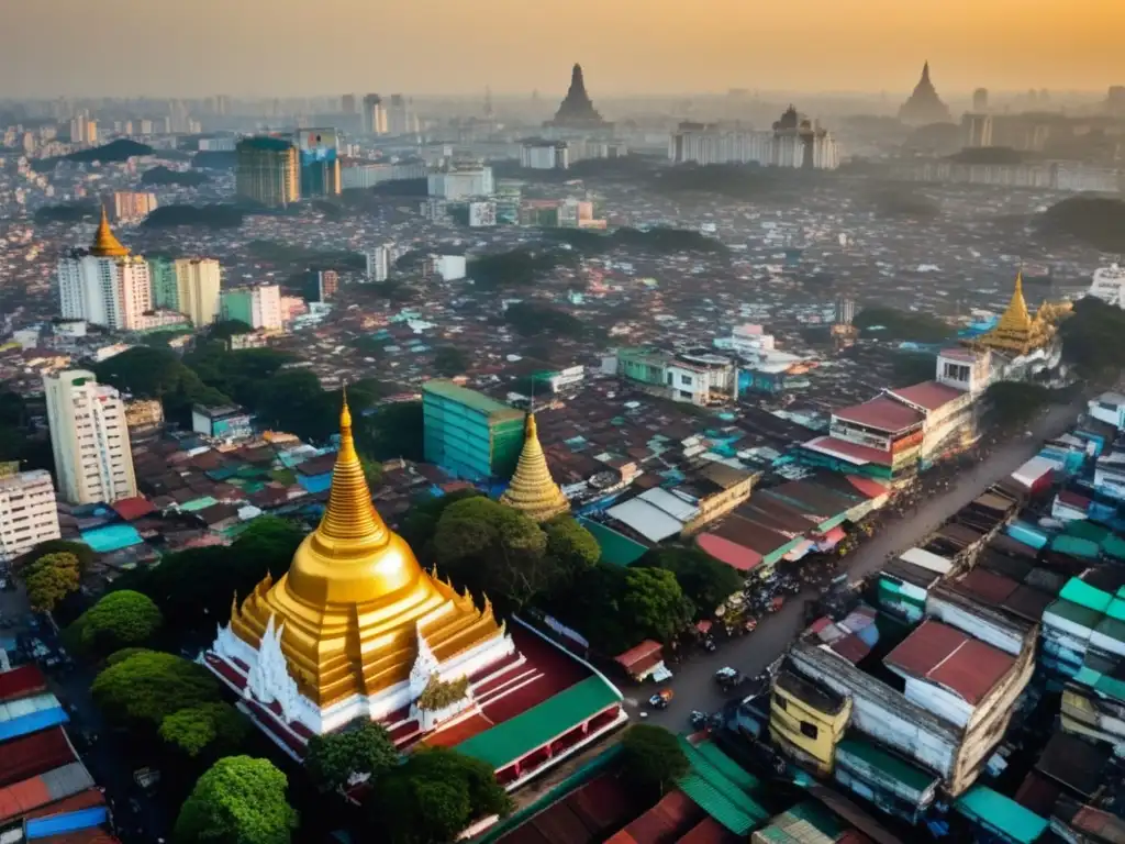 Vista aérea de Yangon: Modernidad y tradición Vista aérea de Yangon: Impacto de Myanmar en inversiones