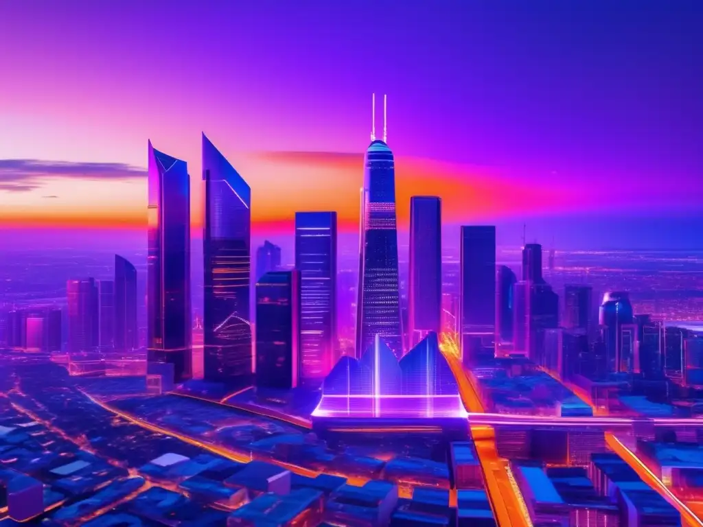 Ciudad futurista al atardecer con IA financiera Vista detallada de una ciudad moderna al atardecer, con edificios futuristas destacando en un fondo de un vibrante atardecer naranja y morado