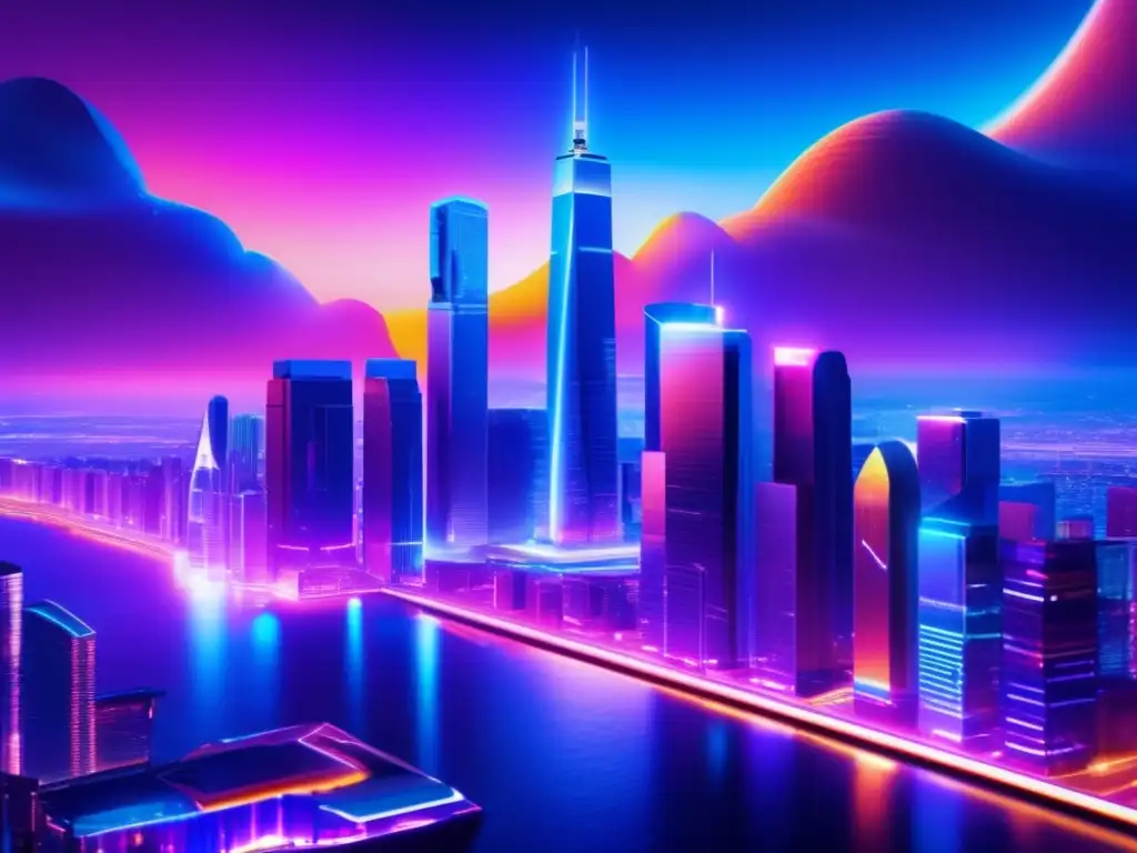 Ciudad futurista con rascacielos y luces neon Vista futurista de una ciudad con rascacielos y luces de neón, demostrando la importancia del análisis fundamental en criptomonedas