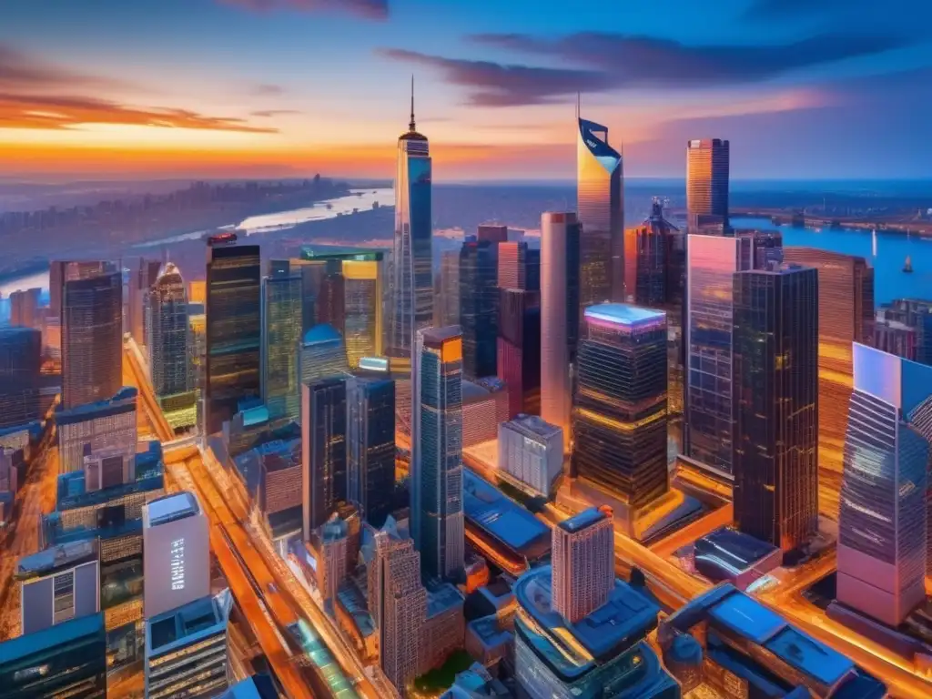 Ciudad moderna al atardecer Vista impresionante de ciudad al anochecer, con rascacielos modernos y vibrante actividad económica - Señales de recesiones económicas