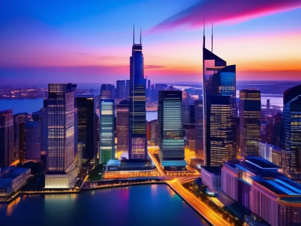 City skyline at dusk: fiscal planning for investors Vista nocturna de una ciudad moderna, con rascacielos iluminados y reflejando el atardecer