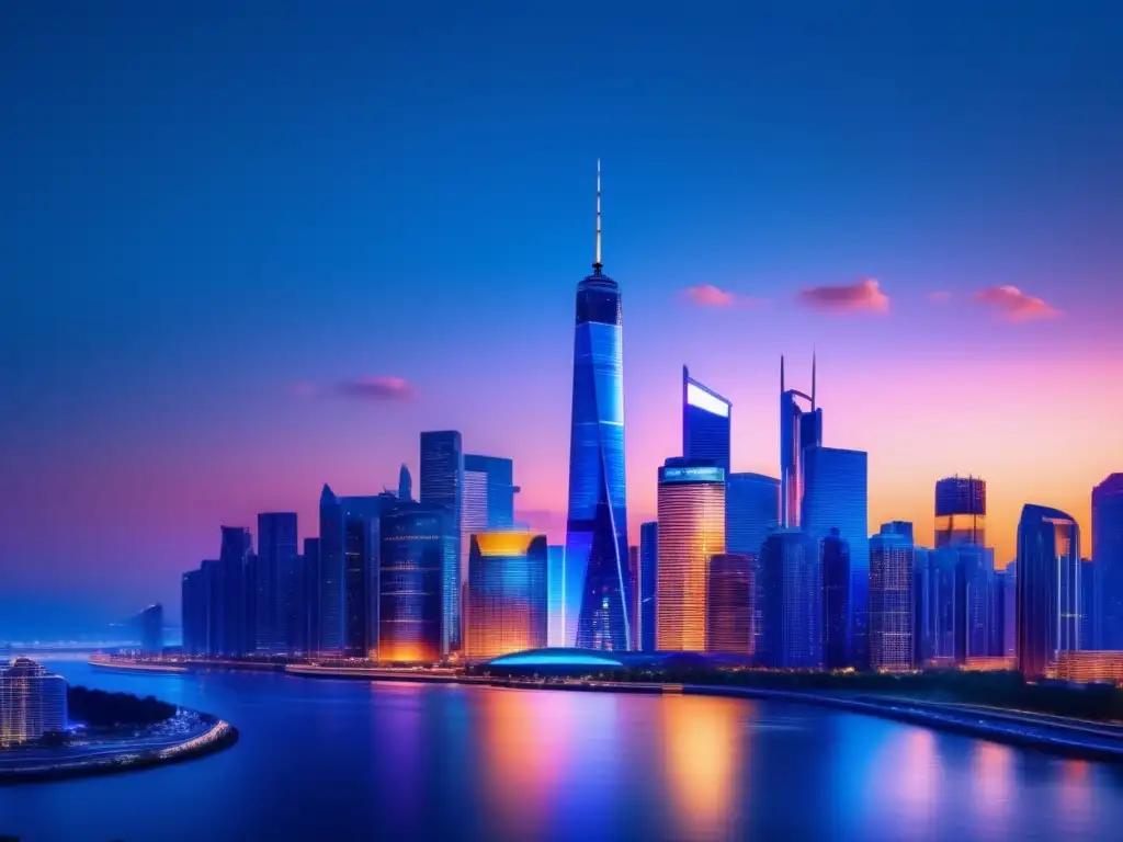 Ciudad moderna al anochecer Vista nocturna 8k de ciudad moderna con rascacielos iluminados, reflejados en río, simbolizando riesgos y beneficios de inversión a corto plazo