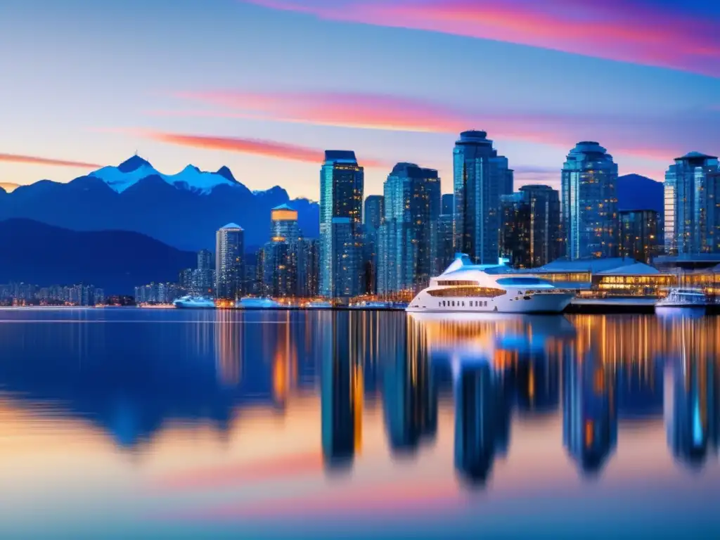 Skyline Vancouver al atardecer Vista panorámica de Vancouver al atardecer, muestra arquitectura moderna, montañas nevadas