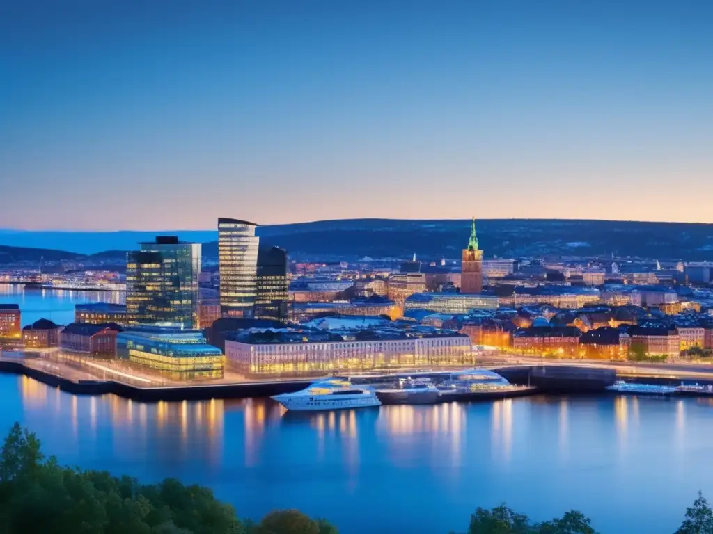Panorama nocturno de Oslo: modernidad y tranquilidad Vista panorámica de Oslo al atardecer