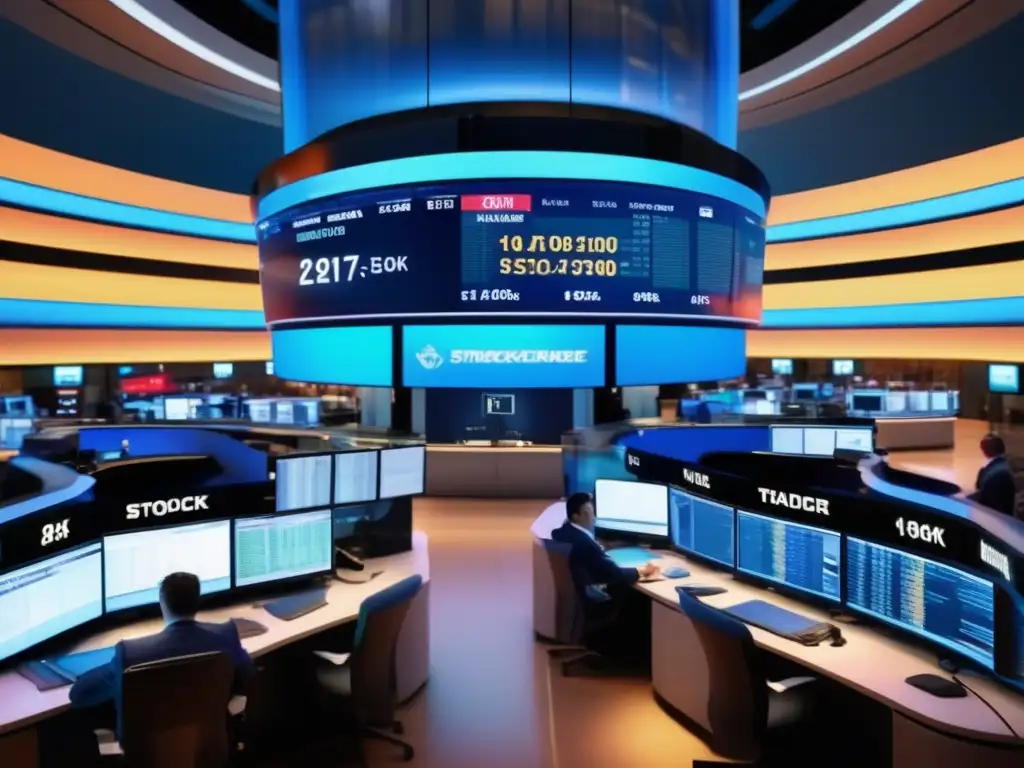 Trading floor de bolsa moderna y vibrante Vista panorámica de una bulliciosa bolsa de valores con diseño moderno y elegante