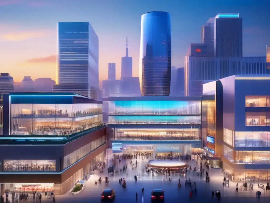 Moderna ciudad en crecimiento Vista panorámica de una ciudad animada al atardecer, con un moderno centro comercial y gran flujo de personas