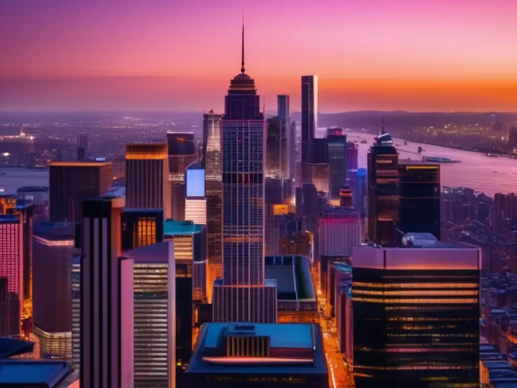 Ciudad vibrante al atardecer con inversor enfocado Vista panorámica de una ciudad al atardecer, con rascacielos y luces vibrantes
