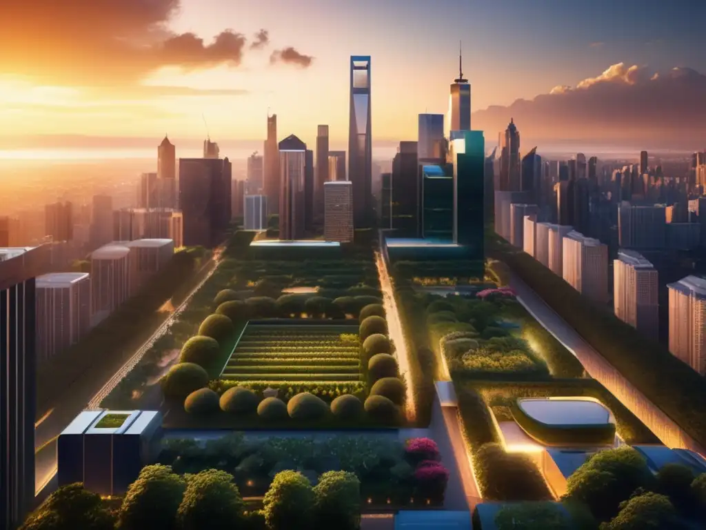 Ciudad moderna en atardecer Vista panorámica de ciudad al atardecer, con rascacielos imponentes y jardines urbanos - Ventajas competitivas a través del propósito