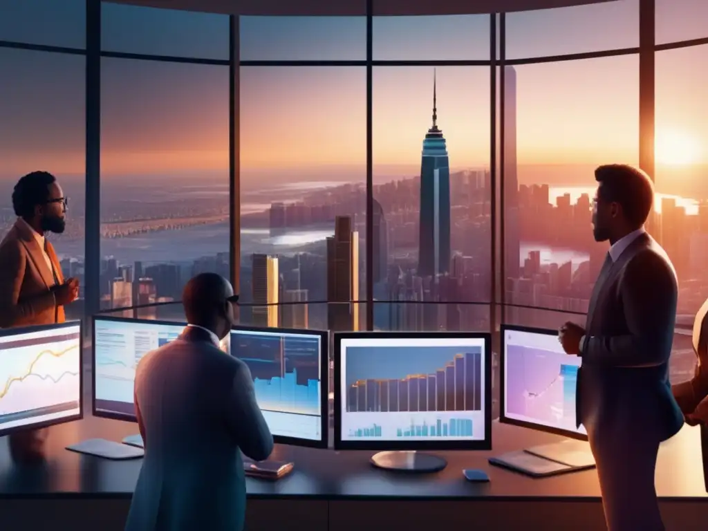 Ciudad en crisis: decisiones estratégicas y resiliencia Vista panorámica de una ciudad en crisis al atardecer, con personas analizando estrategias de inversión