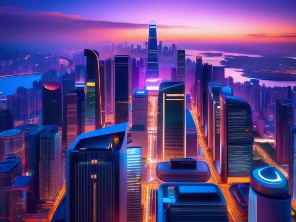 Futuro financiero en ciudad iluminada Vista panorámica de una ciudad futurista al anochecer con rascacielos iluminados y un inversor exitoso en el primer plano
