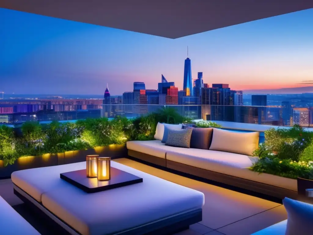 Ciudad moderna al atardecer con terraza lujosa Vista panorámica de una ciudad moderna al anochecer, con rascacielos iluminados y una terraza con jardines y áreas de descanso