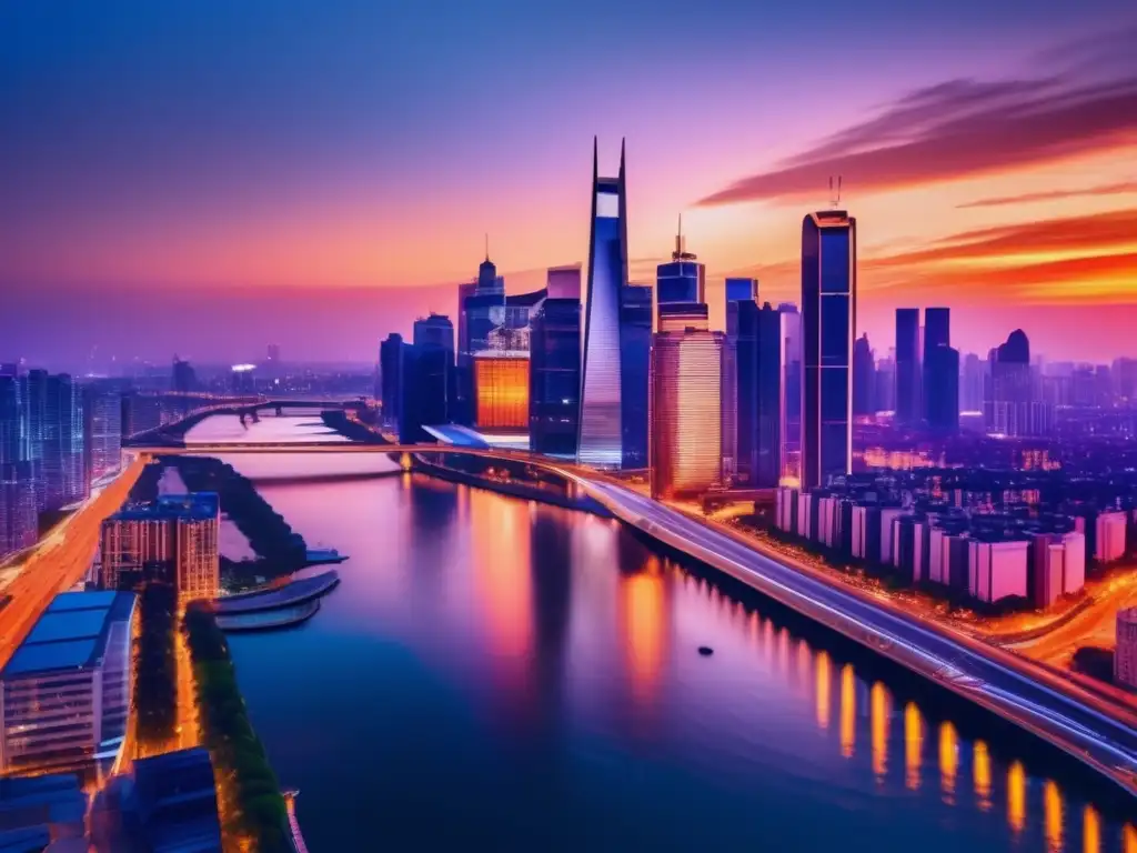 Impresionante ciudad moderna al atardecer Vista panorámica de una ciudad moderna al atardecer, con rascacielos relucientes y calles iluminadas
