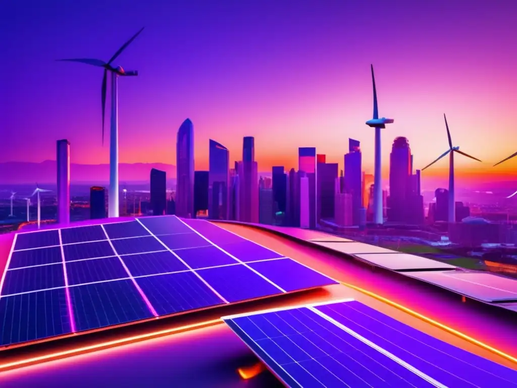 Ciudad sostenible: skyline verde y energías renovables Vista panorámica de una ciudad moderna al atardecer con rascacielos verdes y energía renovable