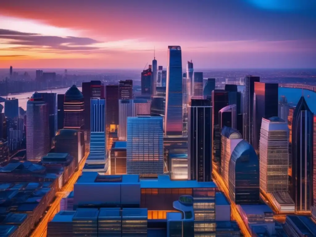 Impresionante ciudad moderna al atardecer Vista panorámica de una ciudad moderna al atardecer