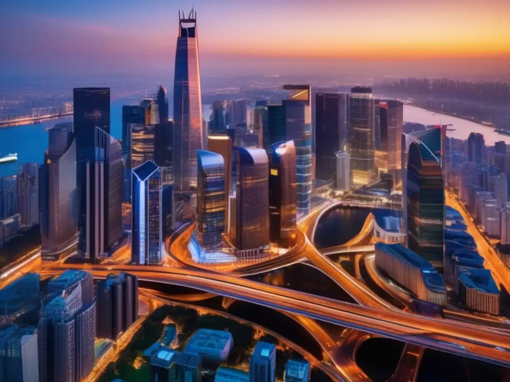 Impresionante ciudad en crecimiento: rascacielos modernos y lujo Vista panorámica de una ciudad vibrante al atardecer, representando la demanda comercial en propiedades de lujo