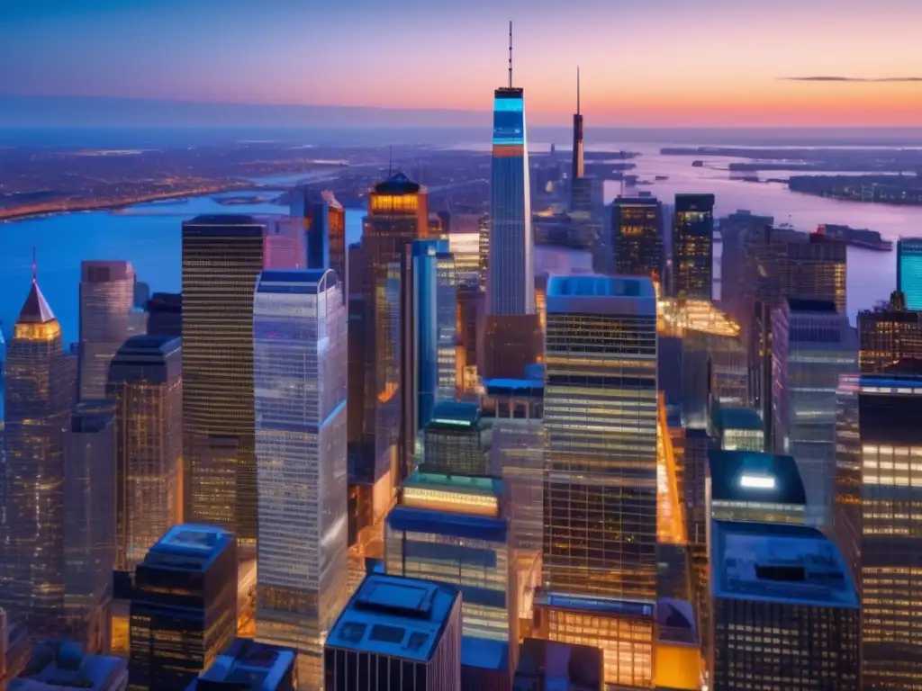 Distrito financiero: innovación y progreso Una vista panorámica de un distrito financiero vibrante y futurista iluminado por luces brillantes