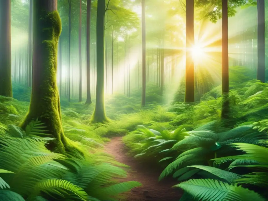 Bosque abundante y vibrante, resolución 8k Vista panorámica de un exuberante bosque verde con árboles altos y vibrantes que alcanzan el cielo