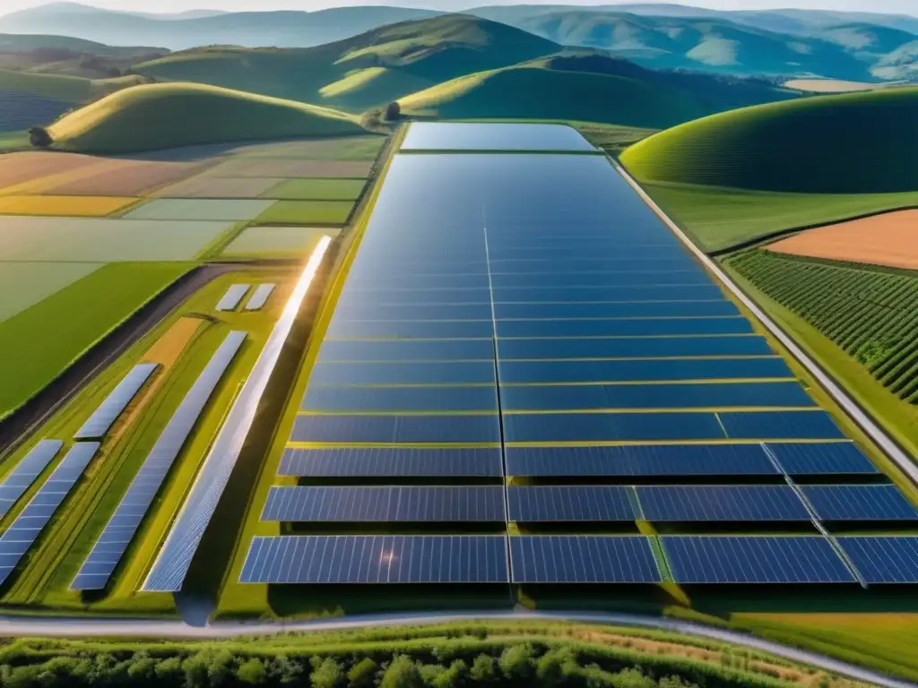 Energía solar en las colinas verdes Vista panorámica de una granja solar vibrante y próspera rodeada de colinas verdes - Beneficios de invertir en ETFs renovables