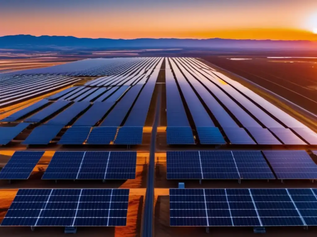 Granja solar al atardecer: energía renovable ilimitada Vista panorámica de granja solar al atardecer: energía renovable, innovación y planificación fiscal sector energético