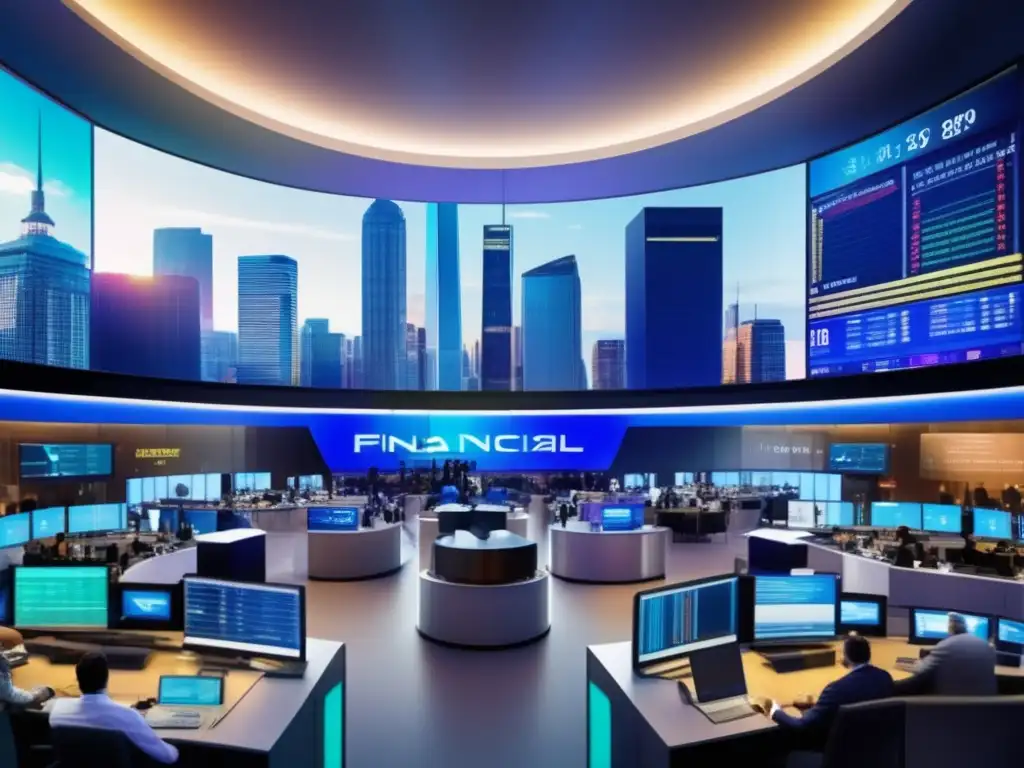 Mercado financiero global en una ciudad futurista Vista panorámica mercado financiero global: Impacto política monetaria