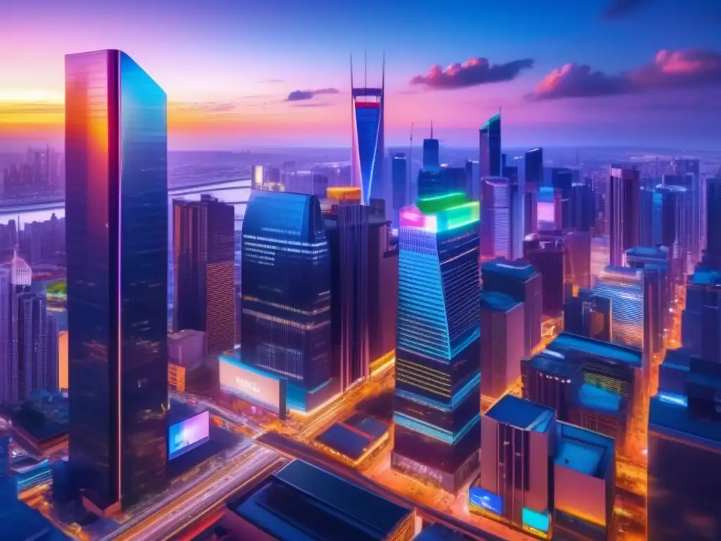 Ciudad moderna al atardecer: inversión a largo plazo Vista panorámica nocturna de una moderna ciudad iluminada, con gráfico de bolsa, beneficios de inversión a largo plazo