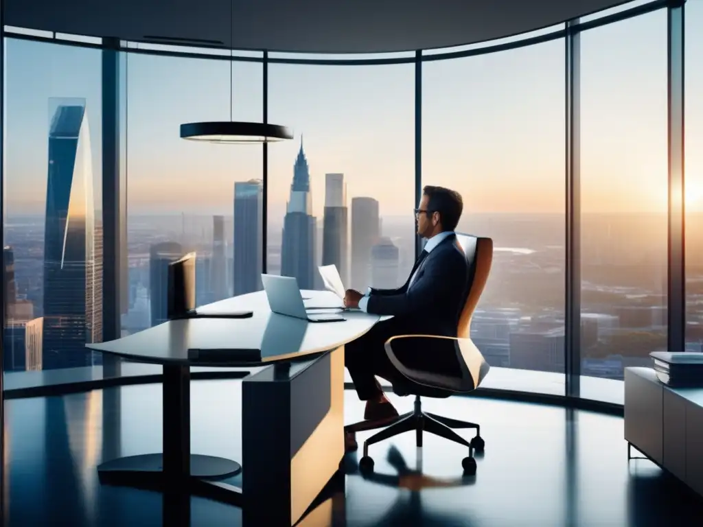 Inversionista enfocado en estudio de cuentas de retiro Vista panorámica de oficina moderna con ventajas fiscales en cuentas de retiro