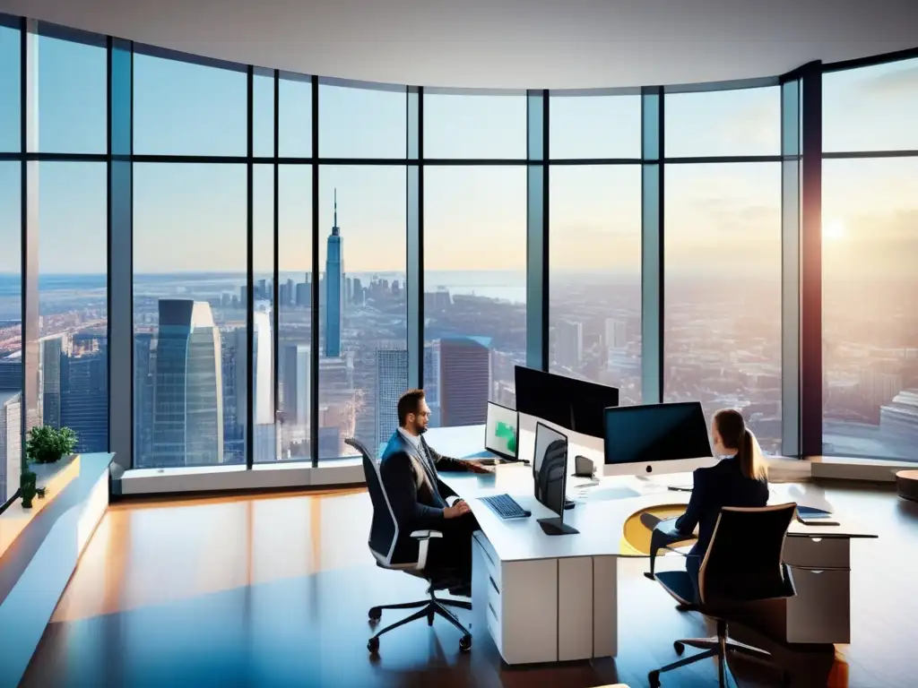 Oficina moderna con vista panorámica de la ciudad Vista panorámica de una oficina moderna con profesionales analizando gráficos y discutiendo estrategias de inversión en una ciudad bulliciosa