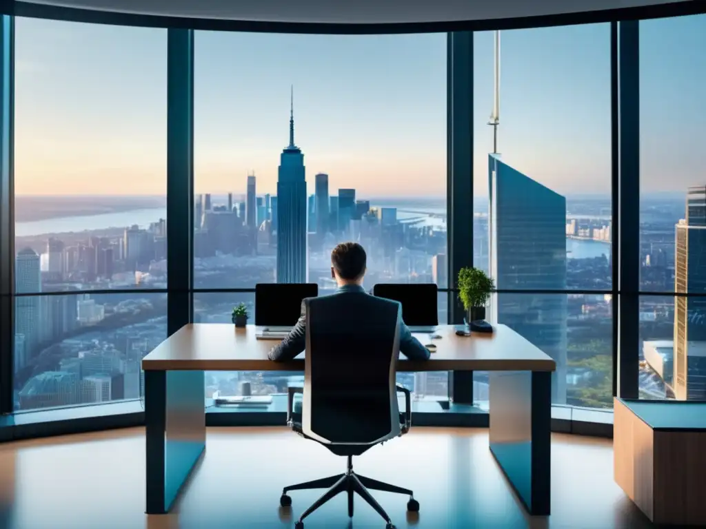 Oficina moderna con vista panorámica de la ciudad Vista panorámica de una oficina moderna con ventanas de piso a techo y una decoración elegante