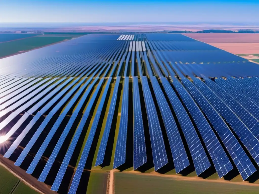 Planta solar impresionante y esperanzadora Vista panorámica de una planta solar con paneles brillantes y personas observando - Inversiones en energías limpias: mitos y realidades