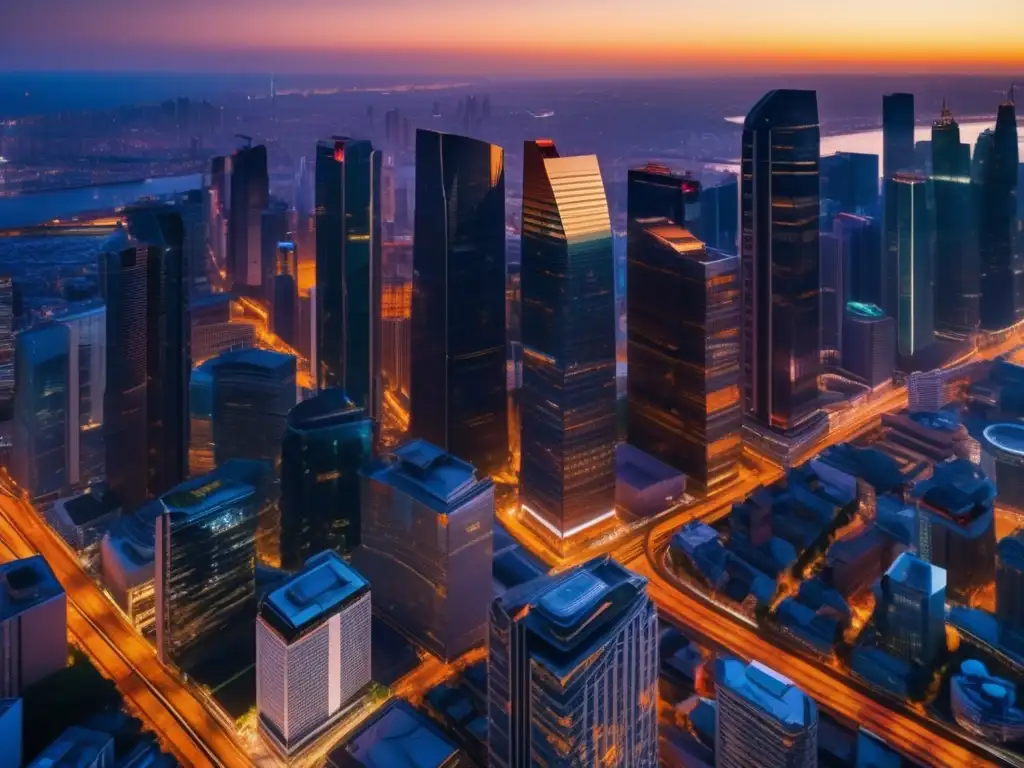 Impresionante vista panorámica urbana al atardecer Vista panorámica urbana al atardecer con rascacielos modernos reflejando la puesta de sol