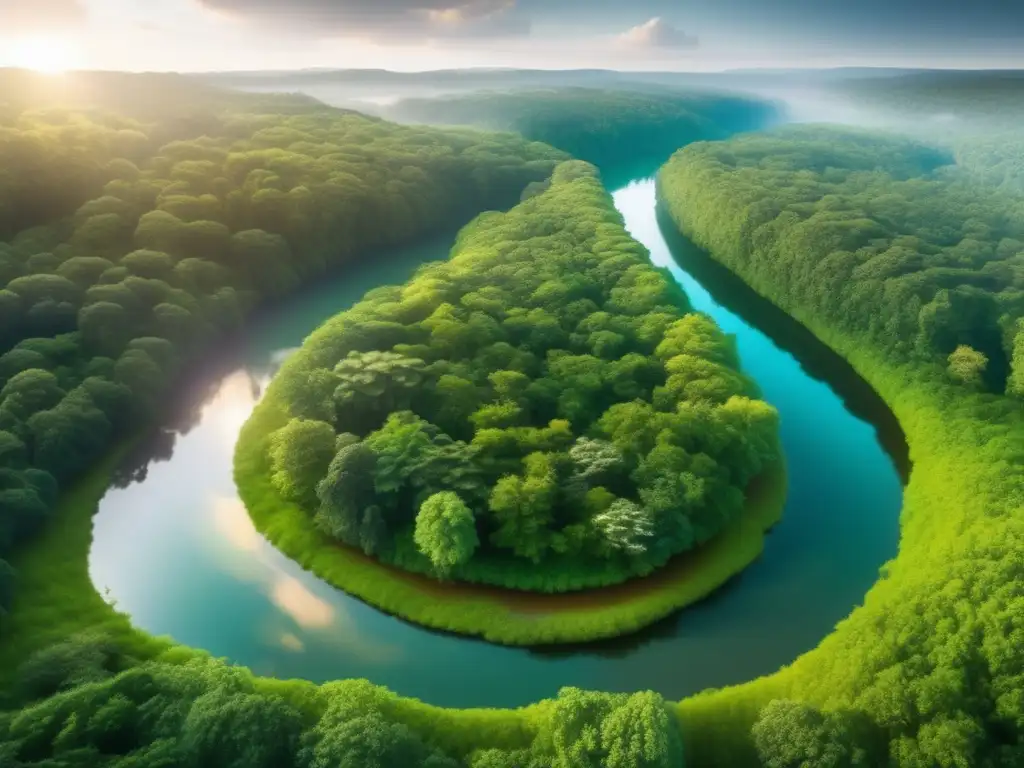 Bosque exuberante: naturaleza y sostenibilidad Vista panorámica bosque verde sostenible 8k, río claro, aves volando - Estrategias de inversión sostenible 2023