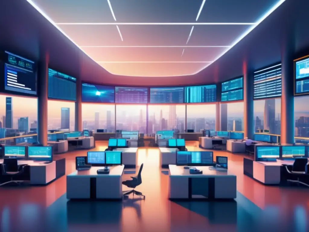 Futuro trading floor de alta tecnología Vista de piso de trading futurista con escritorios equipados y traders enfocados