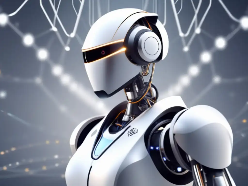 Bot de Inversión de alta tecnología Bot de Inversión: representación visual futurista y eficiente, con robot blanco y plateado, líneas interconectadas y fondo vibrante