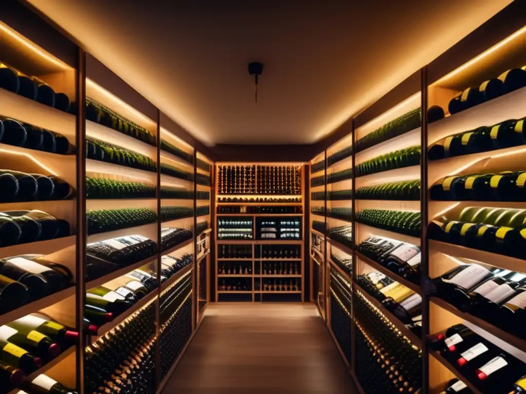 Vinotecas - Volatilidad en mercado de vinos y licores: bodega moderna con botellas organizadas y marcas reconocidas