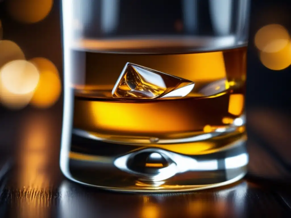 Whisky ámbar en copa de cristal Whisky ámbar en vaso de cristal sobre mesa de madera oscura