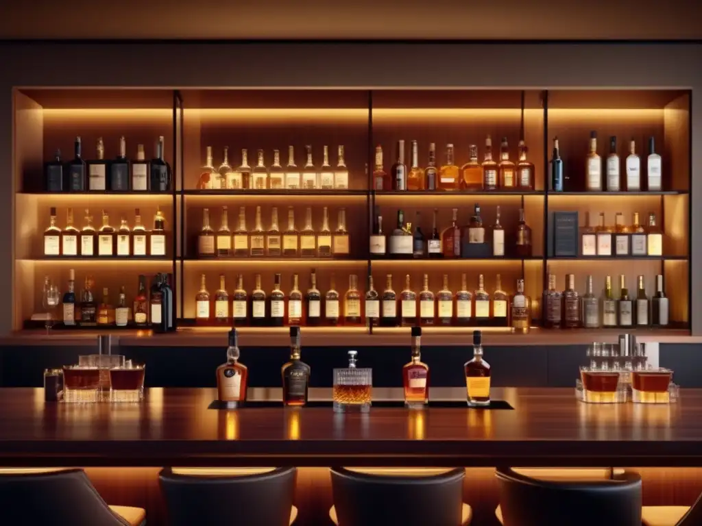 Bar de whisky moderno con iluminación cálida y amplia selección de botellas Whisky bar moderno con iluminación cálida y extensa colección de botellas